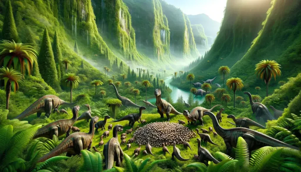 Group of herbivorous dinosaurs in a green valley engaging in communal nesting, illustrating their reproductive strategy.