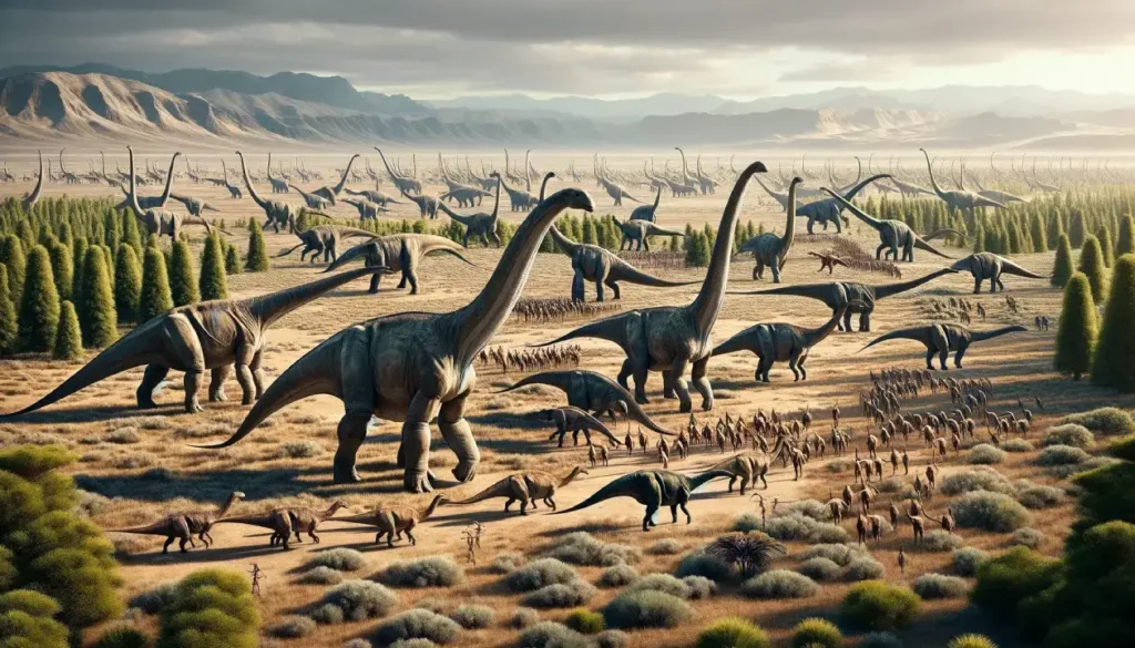 A majestic herd of Dreadnoughtus dinosaurs roaming a vast Cretaceous plain, showcasing their grand scale.