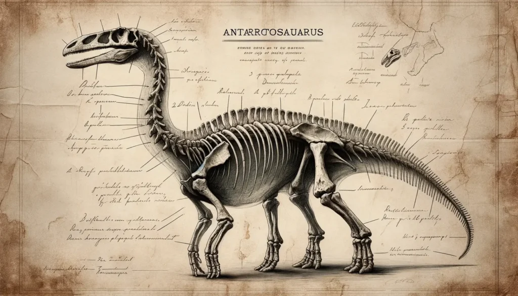 Detailed archaeological sketch of Antarctosaurus with annotations.