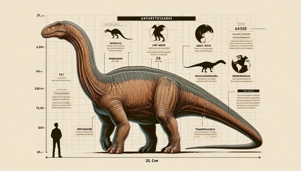 Antarctosaurus infographic showing size comparison to a human.