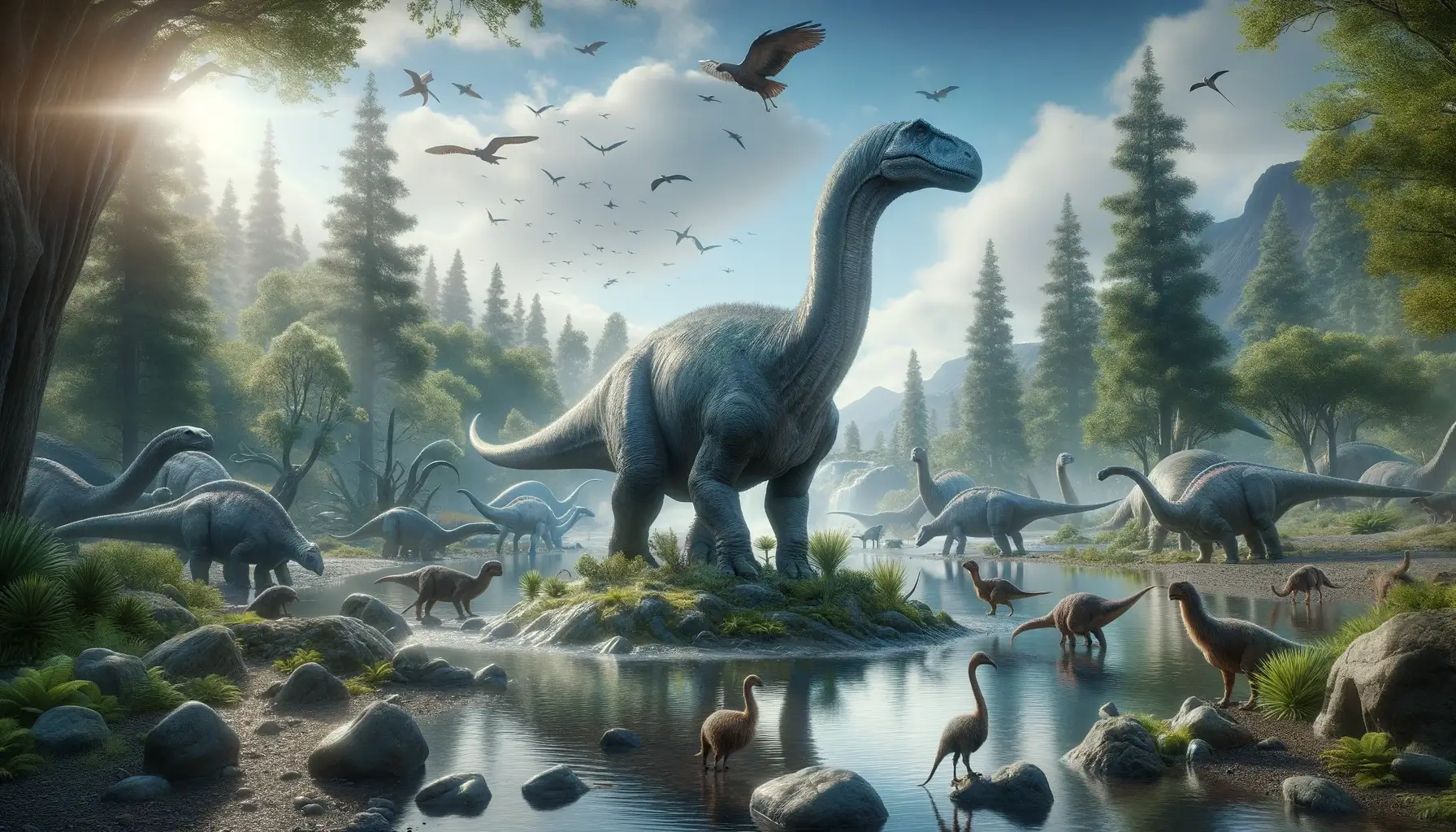 Antarctosaurus roaming in Late Cretaceous environment with trees and ferns.