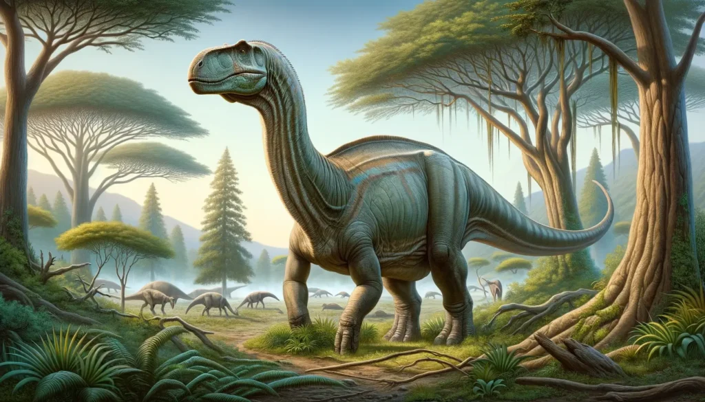 Illustrated Aragosaurus reaching for tree canopy