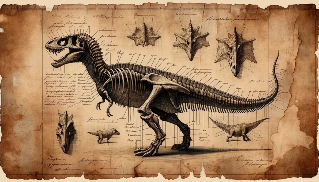 Archeological drawing of Aralosaurus with annotations.