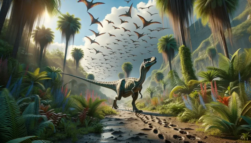 Aralosaurus in natural habitat with migrating pterosaurs overhead.