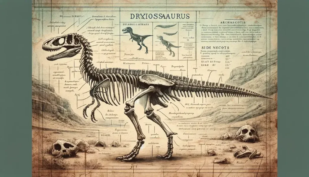 Detailed archeological sketch of a Dryosaurus dinosaur with fading scientific notes, highlighting its skeletal structure and Late Jurassic era characteristics.