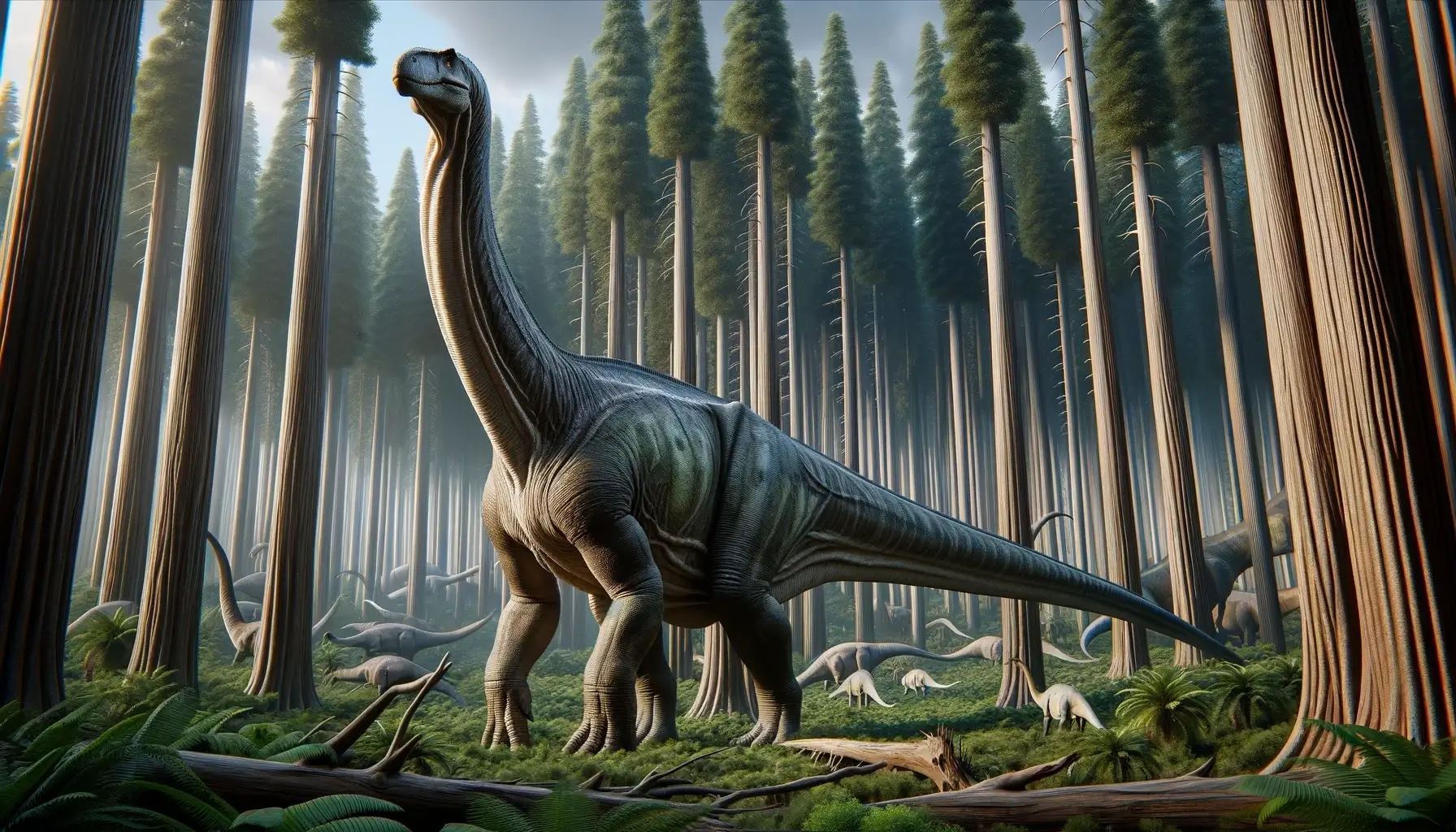 3D render of Argentinosaurus in a dense Cretaceous forest.