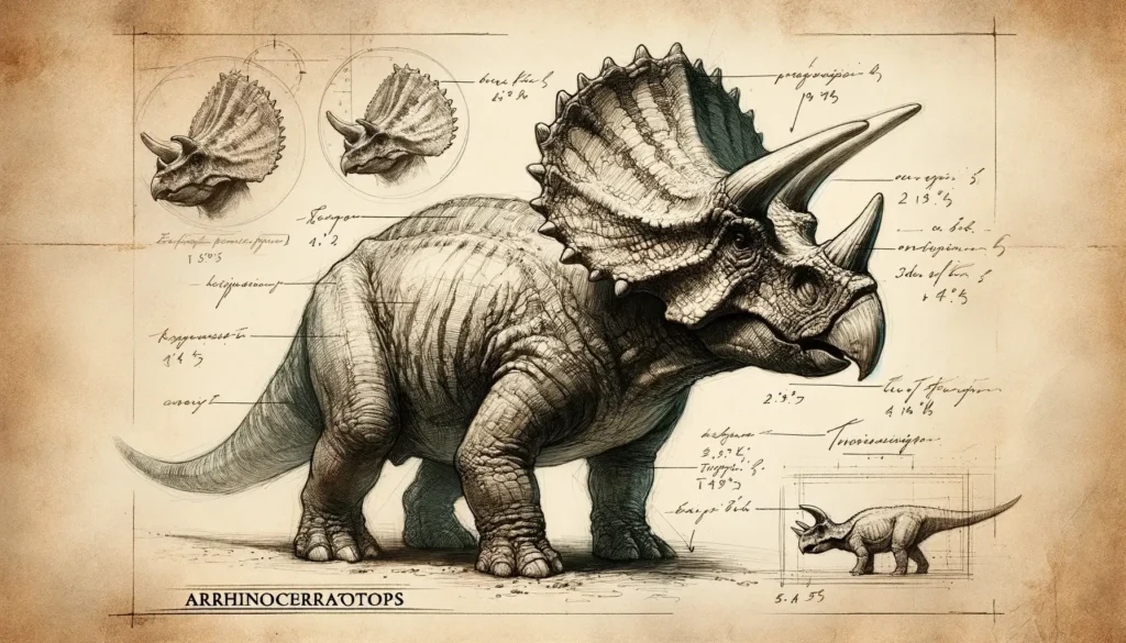 Detailed archeological sketch of Arrhinoceratops with annotations.