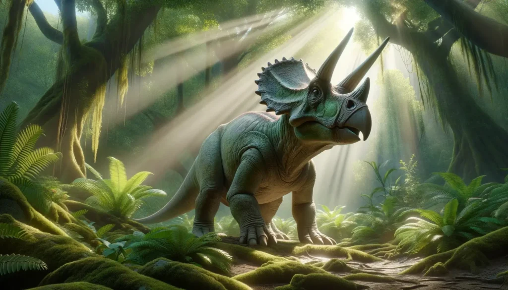 Arrhinoceratops dinosaur in its natural Late Cretaceous setting.