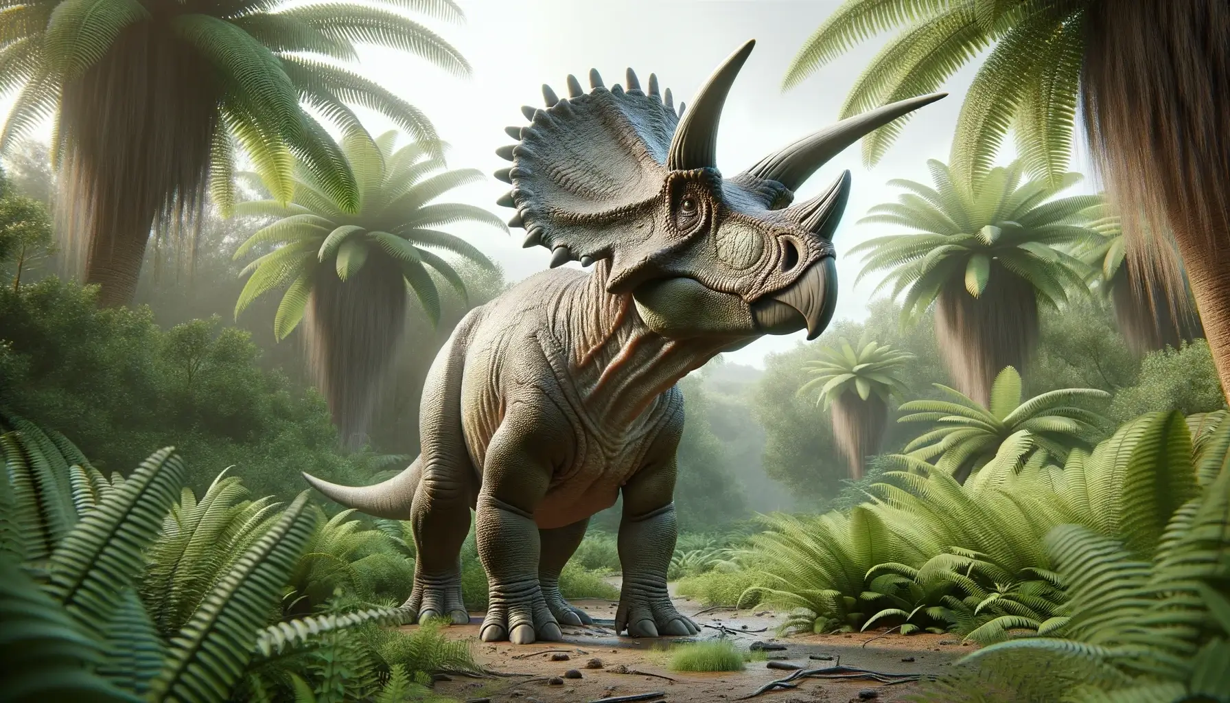 Realistic 3D render of Arrhinoceratops in Late Cretaceous habitat.