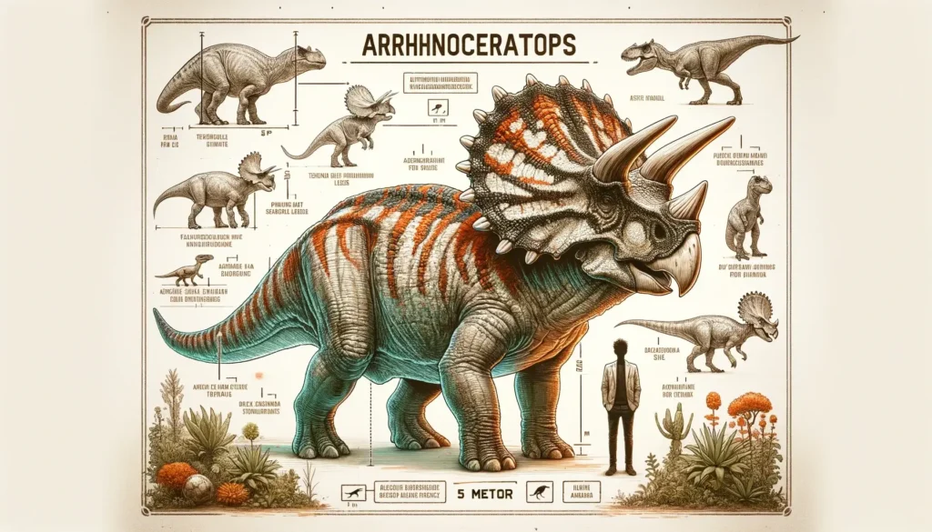 Arrhinoceratops infographic with human scale and annotations.