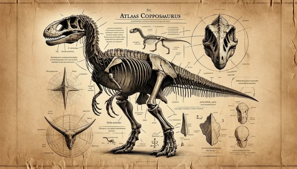 Archeological drawing of Atlascopcosaurus with annotations.
