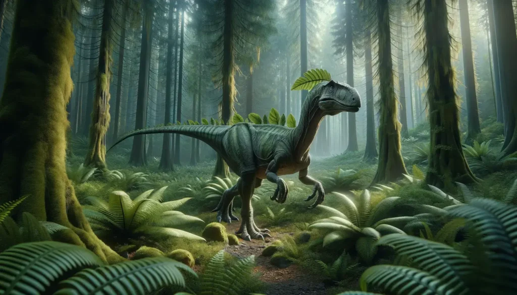 Photo of Atlascopcosaurus walking in dense Cretaceous forest.