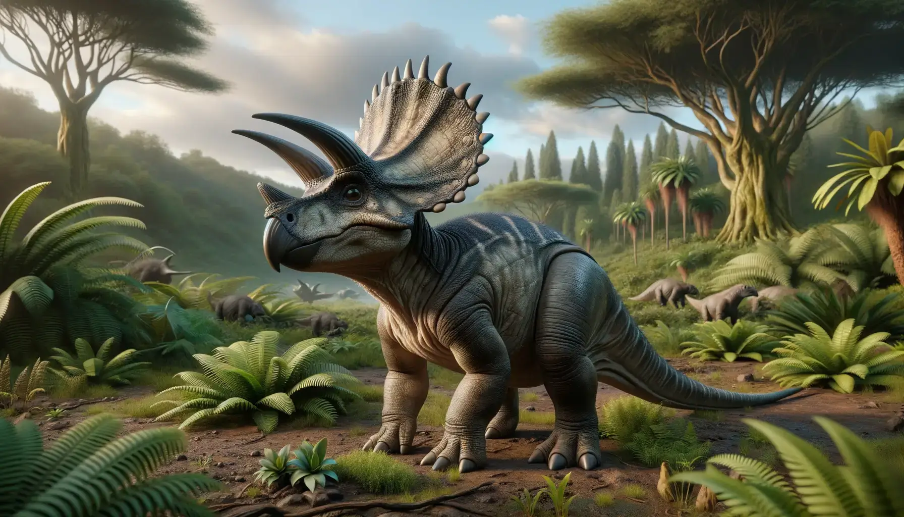 Realistic 3D render of Avaceratops in Cretaceous habitat.