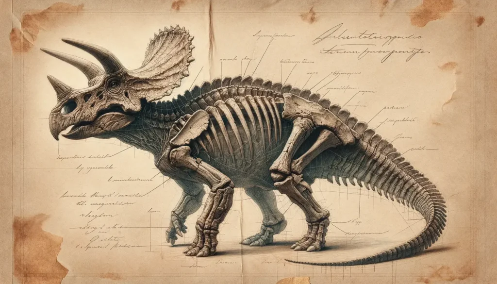 Historic archeological drawing of Avaceratops with annotations.