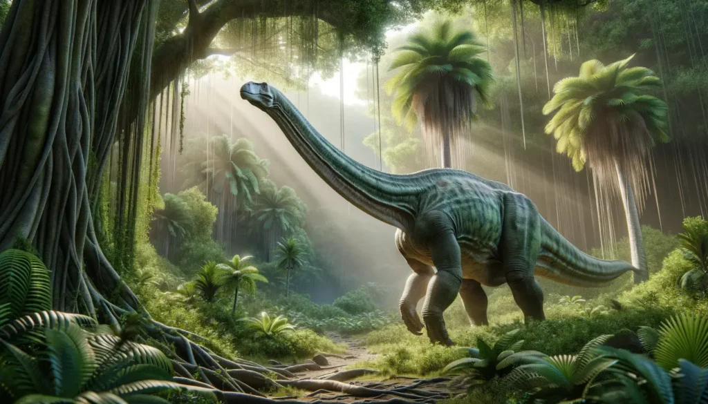 Illustrated Barapasaurus with long neck in prehistoric landscape