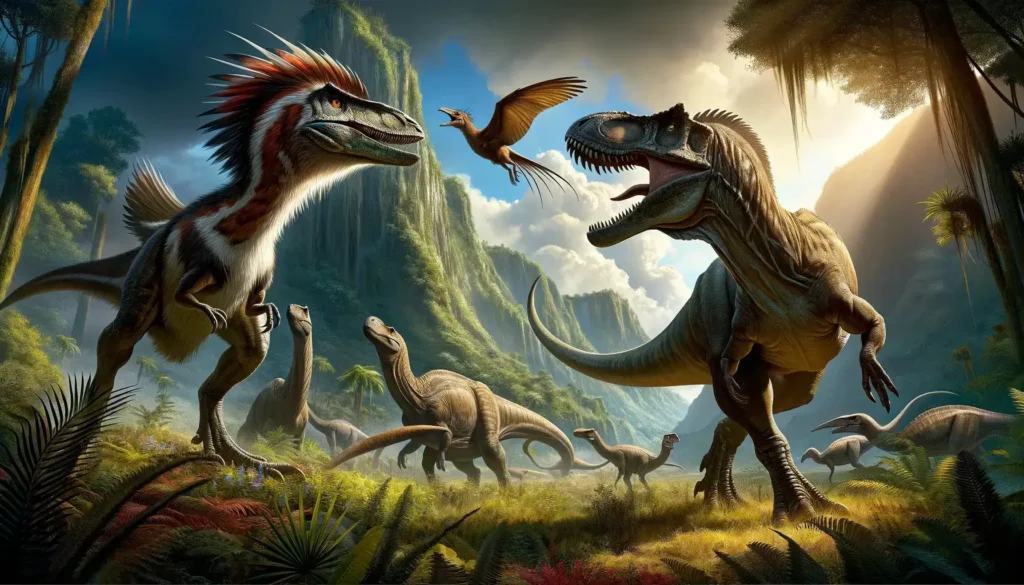 Coelurosaurs and Ceratosaurs in a prehistoric showdown.
