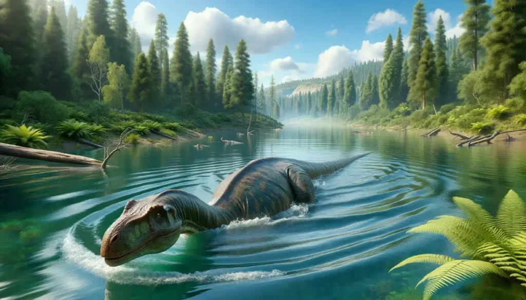 A realistic depiction of a swimming dinosaur, possibly a Sauropod, showcasing the possibility of how dinosaurs could swim while crossing a serene Mesozoic-era lake, surrounded by lush vegetation.