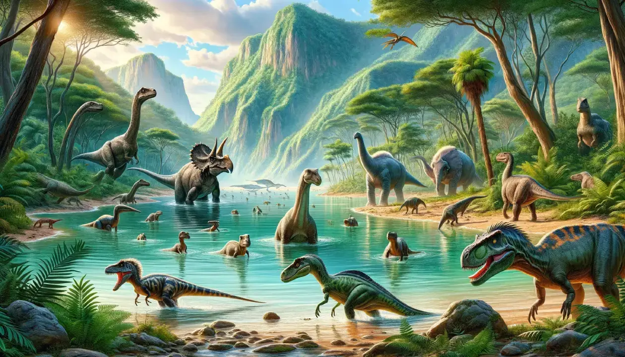 Realistic image of Spinosaurus and Baryonyx by a prehistoric lake, illustrating theories on whether could dinosaurs swim, surrounded by lush ancient vegetation.