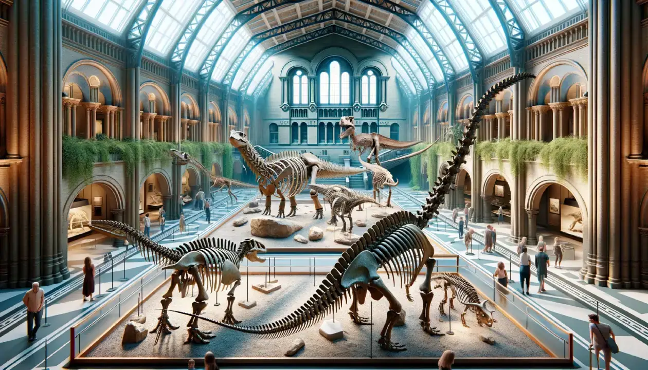 Diverse dinosaur skeletons in a museum exhibit showcasing bone structure analysis, highlighting educational aspects of paleontology.