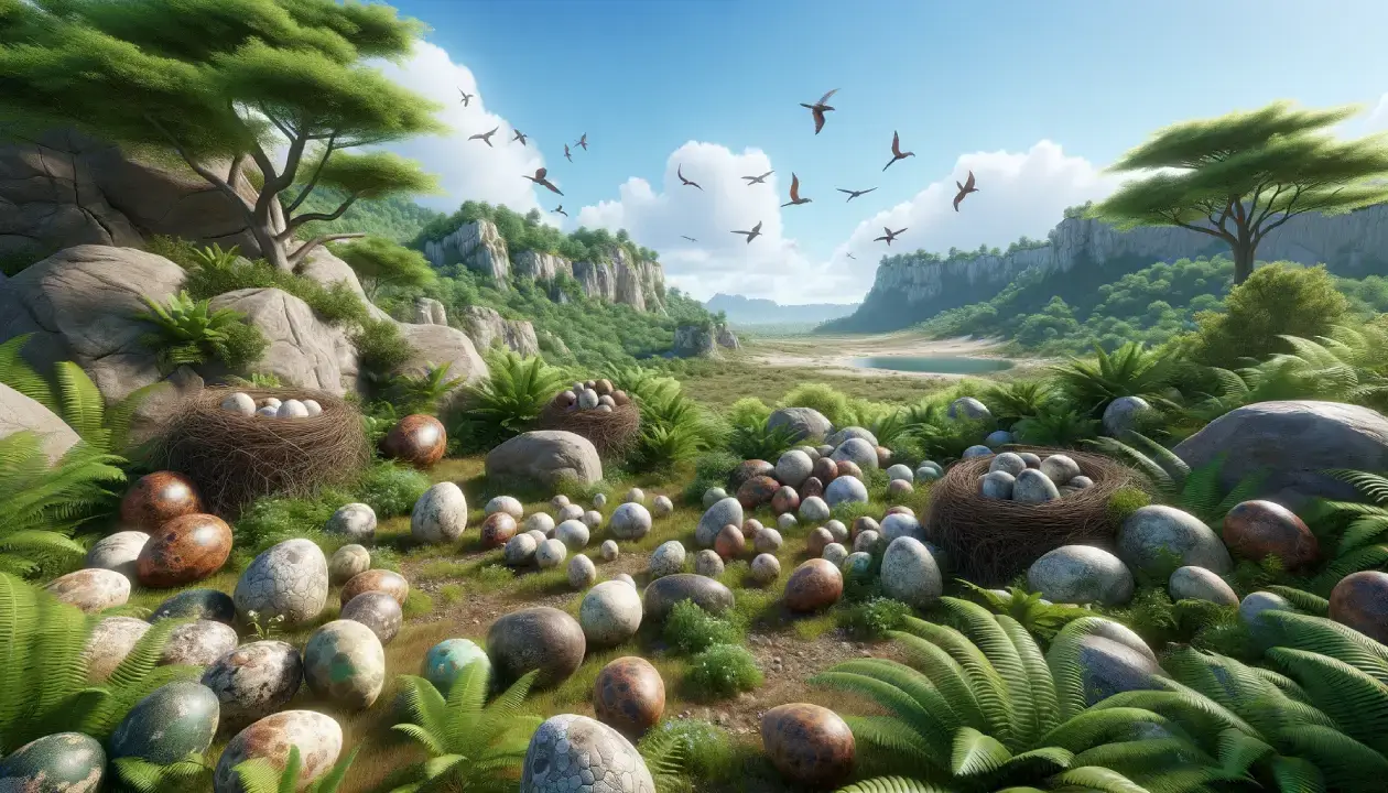 Realistic depiction of diverse Dinosaur Eggs and Nesting Sites in a lush prehistoric landscape, highlighting the significance of these ancient remnants.