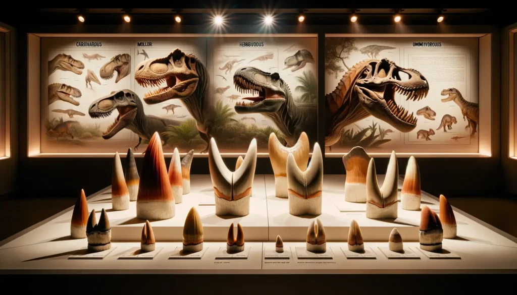 Carnivorous dinosaur teeth types on exhibit at a museum display.