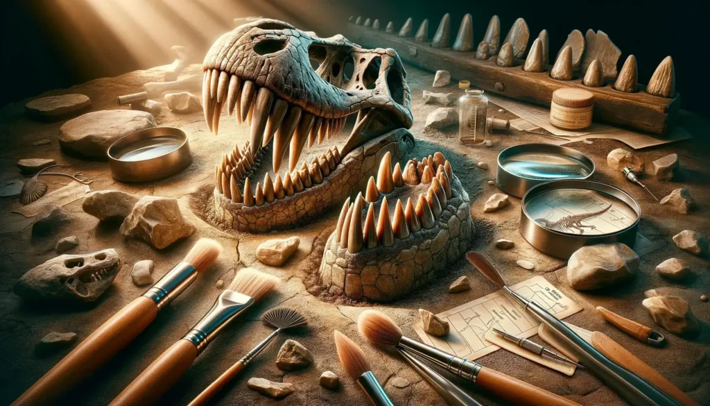 Various dinosaur teeth types in a fossil with excavation tools.