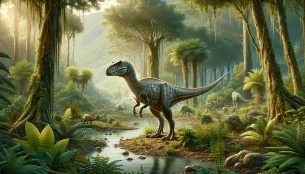 Dryosaurus dinosaur standing near a water source in a dense Jurassic forest, highlighting its slender body and long legs amidst diverse flora.