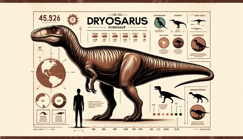 Semi-realistic infographic showing a Dryosaurus dinosaur next to a human for size comparison, with informative text on its Jurassic era lifestyle.