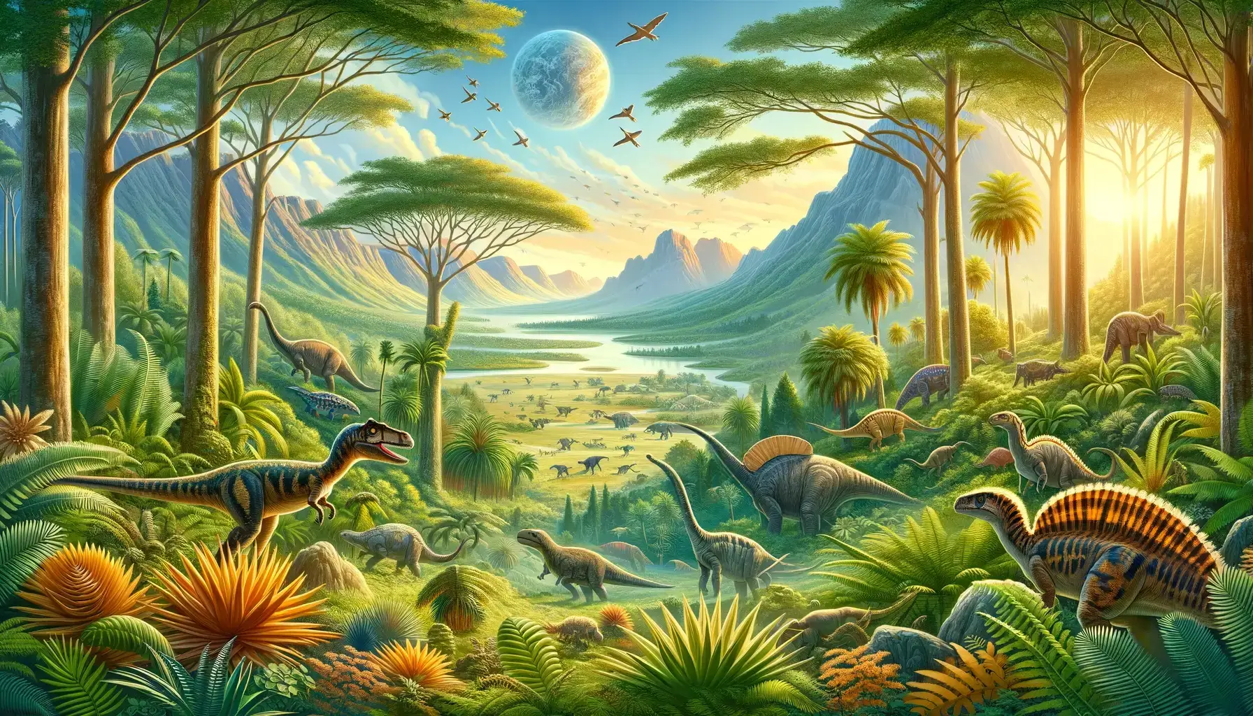 A captivating illustration depicting various early dinosaur species thriving within their natural Triassic period habitat.
