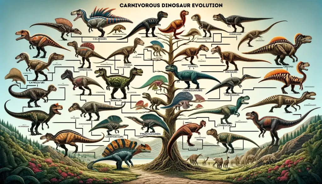 Phylogenetic tree with diverse theropod dinosaurs over time periods.