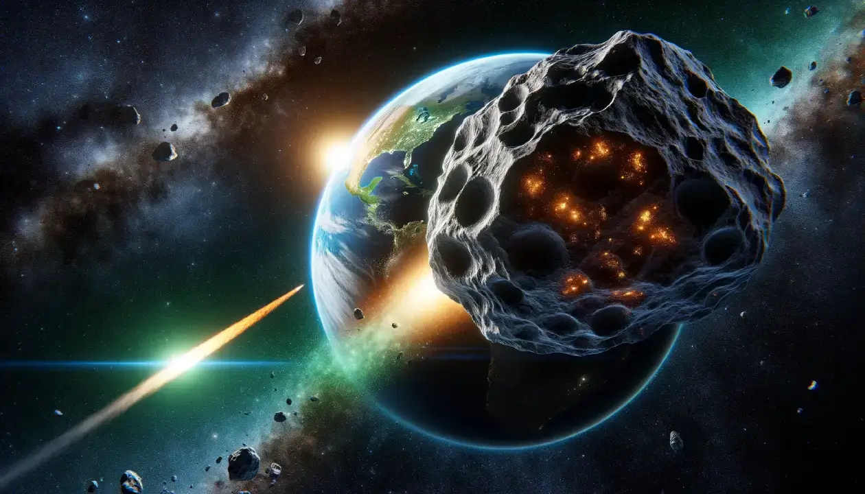 Illustration of the massive asteroid approaching Earth, depicting the scale of the catastrophic event that led to the extinction of the dinosaurs.