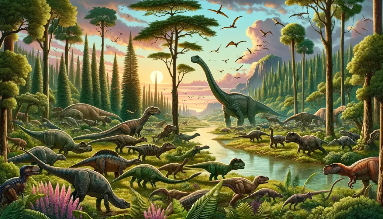 Illustration of diverse dinosaurs and how they affected the environment during the Cretaceous period.