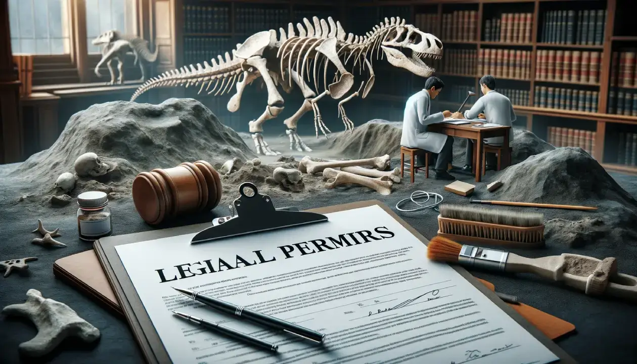 Paleontologists at a dinosaur fossil excavation site with legal documents, emphasizing legal aspects of dinosaur fossil discovery and ownership.