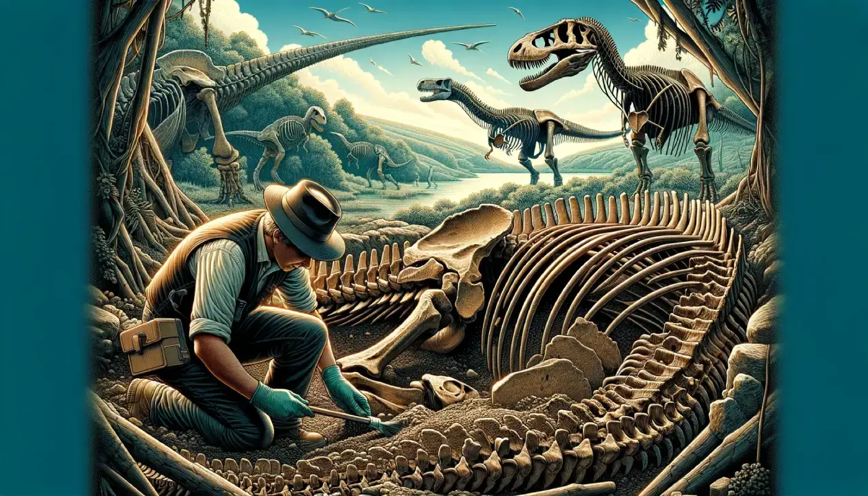 Illustration of a paleontologist uncovering a major dinosaur fossil discovery at an excavation site, symbolizing the thrill of paleontological discoveries.