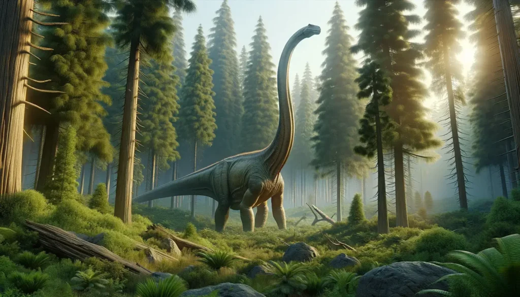 Realistic Mamenchisaurus in Jurassic forest with long neck reaching for treetops.
