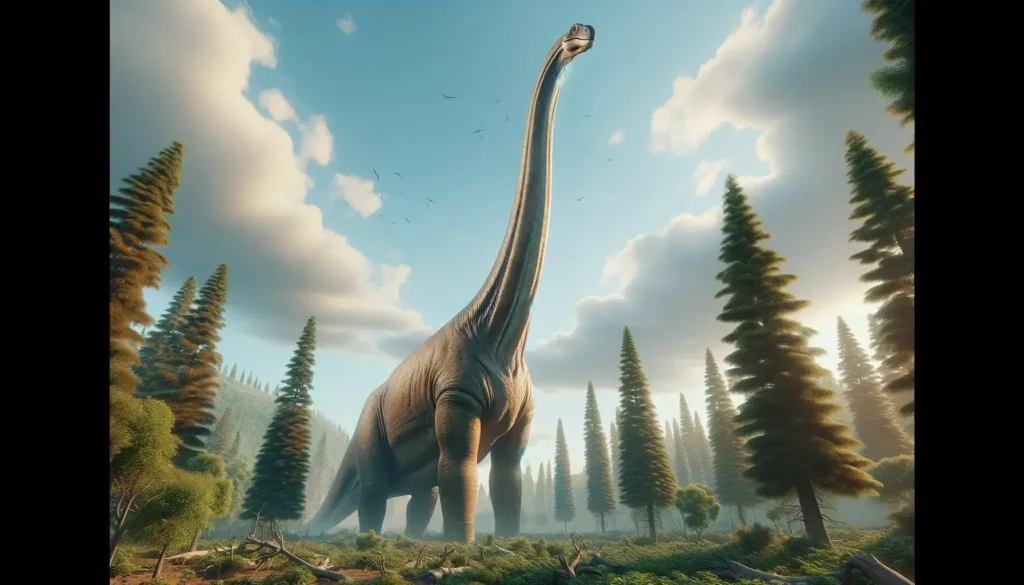 Maraapunisaurus dinosaur towering over a Cretaceous forest, showcasing its massive size and long neck.
