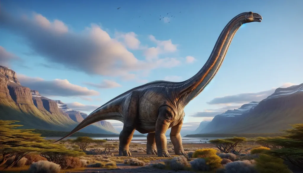 Patagotitan dinosaur towering in Patagonian landscape with detailed head and long neck.