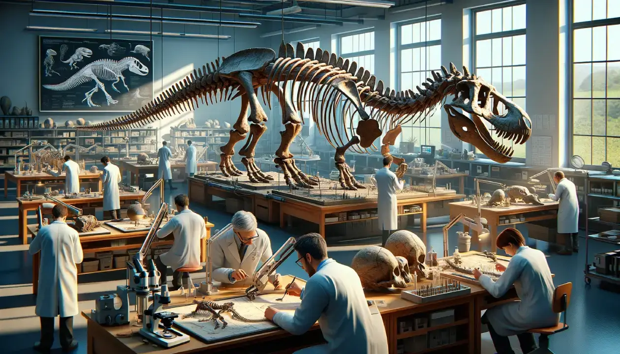 In-depth view of scientists in a laboratory meticulously examining and dating dinosaur fossils, showcasing the detailed process of fossil analysis.