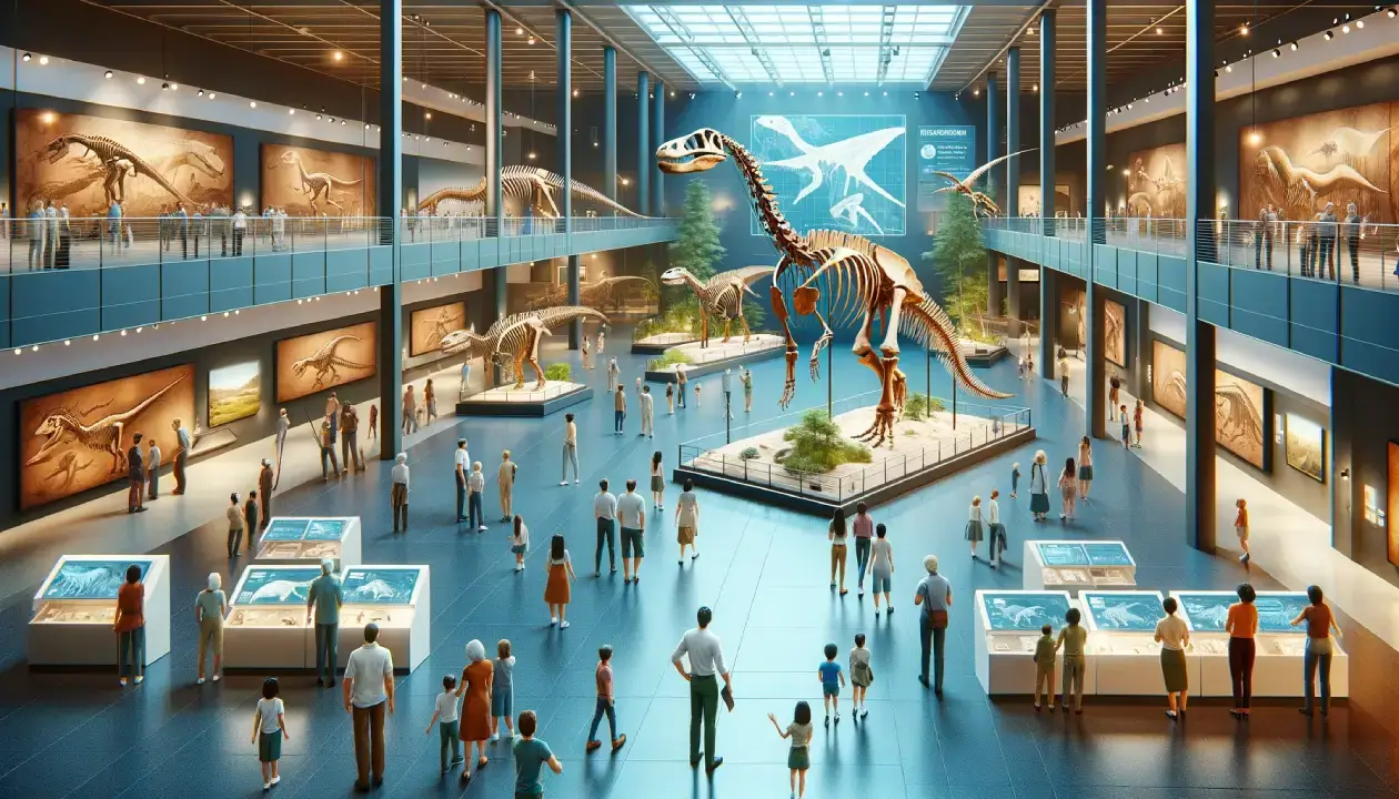 Interactive dinosaur exhibit in a museum, showcasing the role of museums in dinosaur paleontology with diverse visitors and educational displays.