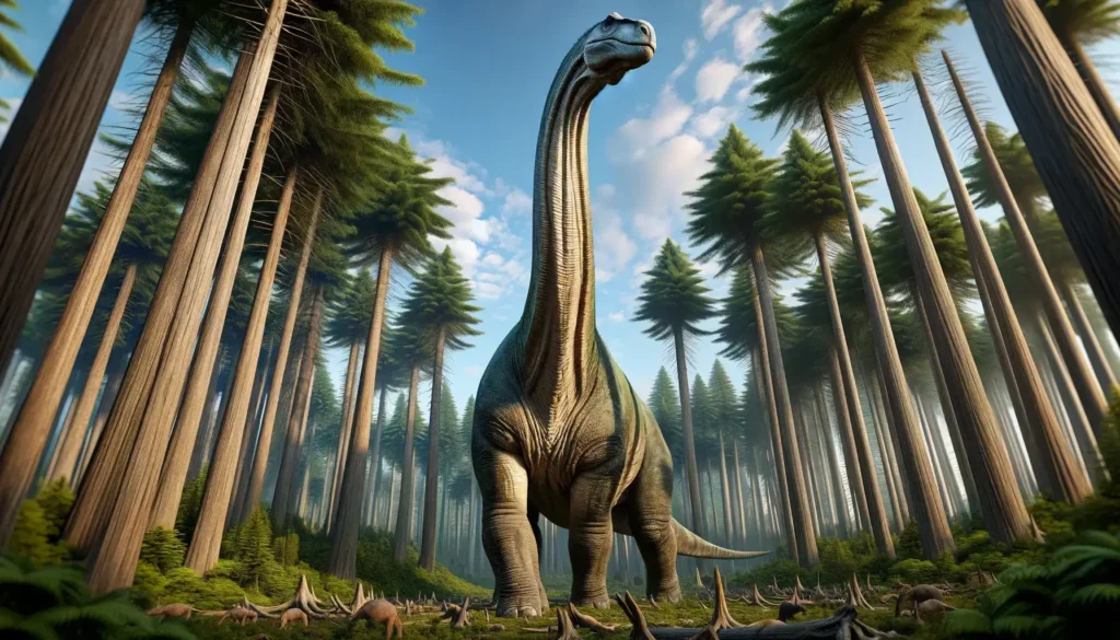 Realistic Sauroposeidon towering over Cretaceous forest in 3D render.