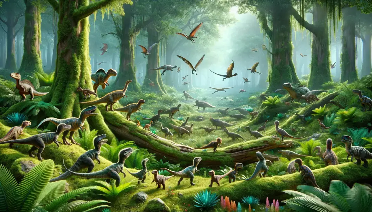 Illustration of the top 10 smallest dinosaurs in a prehistoric forest, highlighting their diverse sizes and habitats.