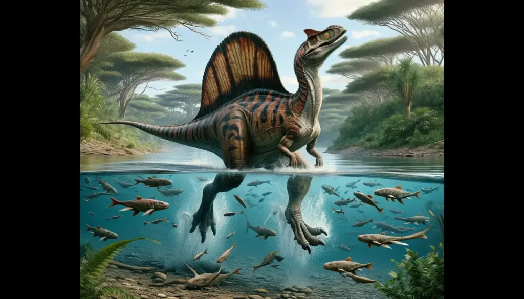 A Spinosaurus, evidencing semi-aquatic capabilities, wades in a river among fish, reflecting on 'Could dinosaurs swim?