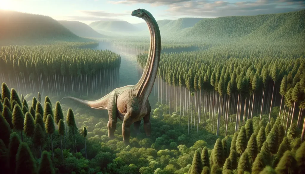 Supersaurus dinosaur towering over the Jurassic forest canopy, showcasing its vast size.