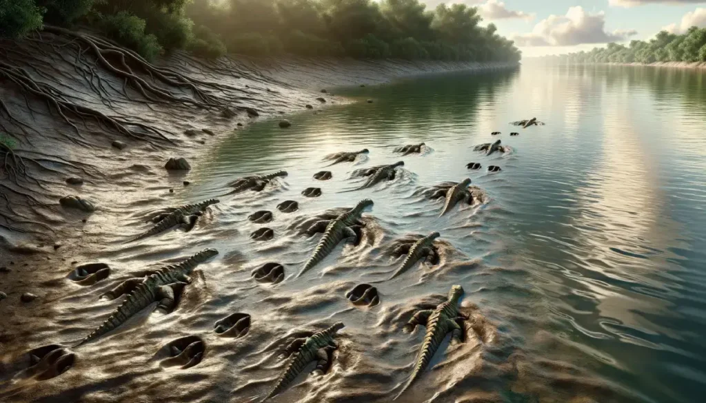 Fossilized theropod tracks leading into a river, evoking the query 'Could dinosaurs swim?' amidst a Jurassic landscape