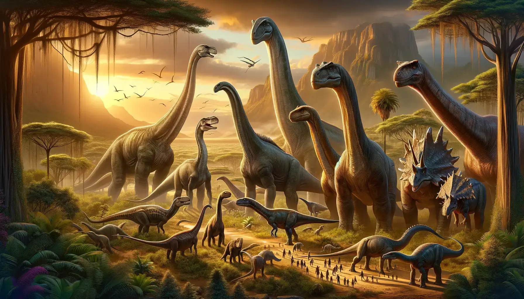 Display of the top 10 largest dinosaurs against a sunset backdrop.