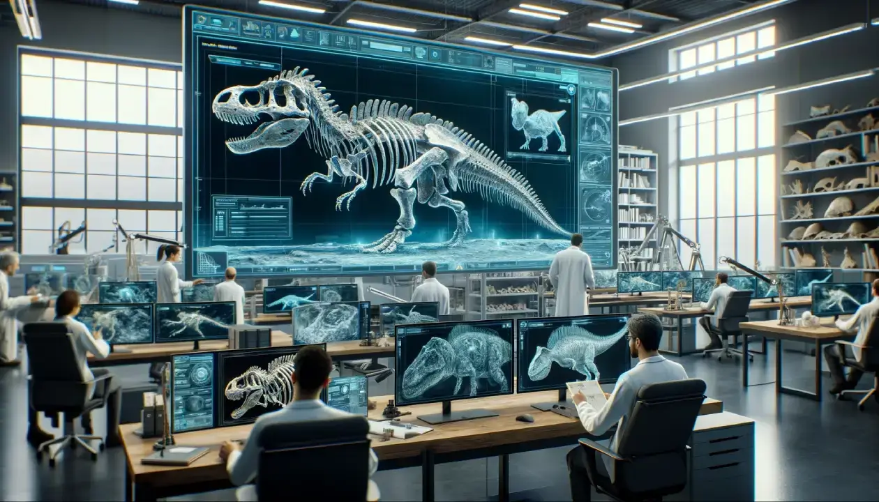 Detailed 3D fossil reconstruction in a lab, showcasing the intersection of virtual paleontology and advanced technology.