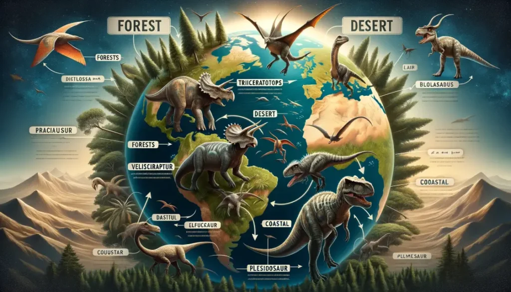 Infographic of dinosaurs in forest, desert, and coastal habitats.