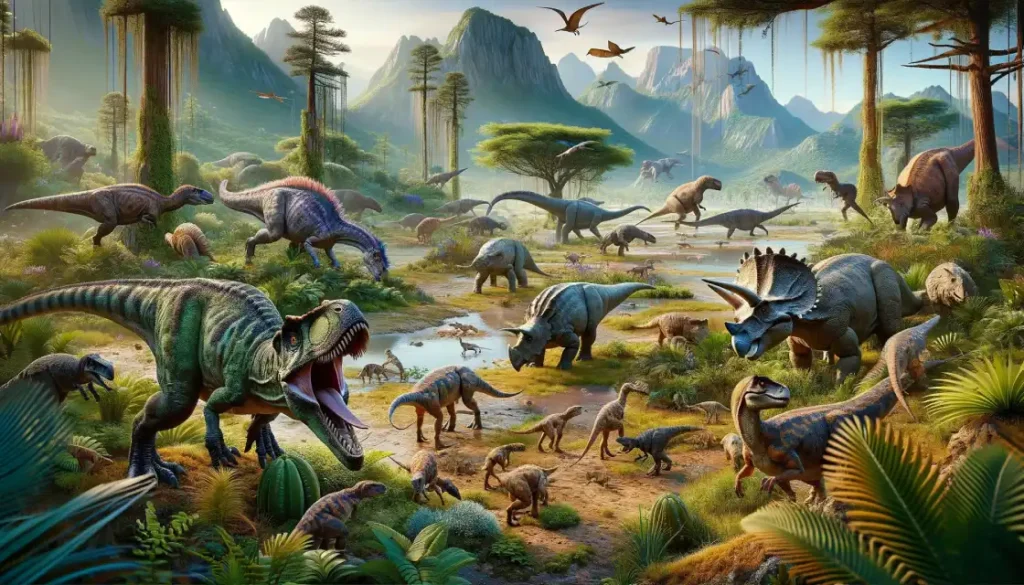 Diverse Mesozoic dinosaurs: Velociraptors hunting, Triceratops grazing, Ornithomimus foraging.