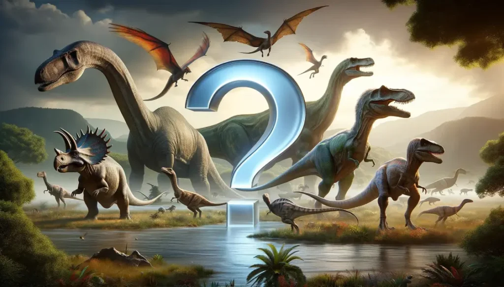 A mesmerizing scene with diverse dinosaurs pondering their species count.
