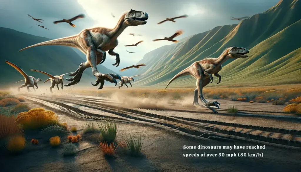 Ornithomimids racing at 50 mph in an ancient landscape.